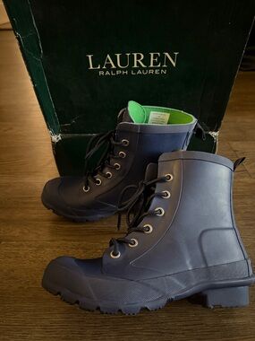 Lauren Ralph Lauren Navy Rain Combat Boots with Green Lining